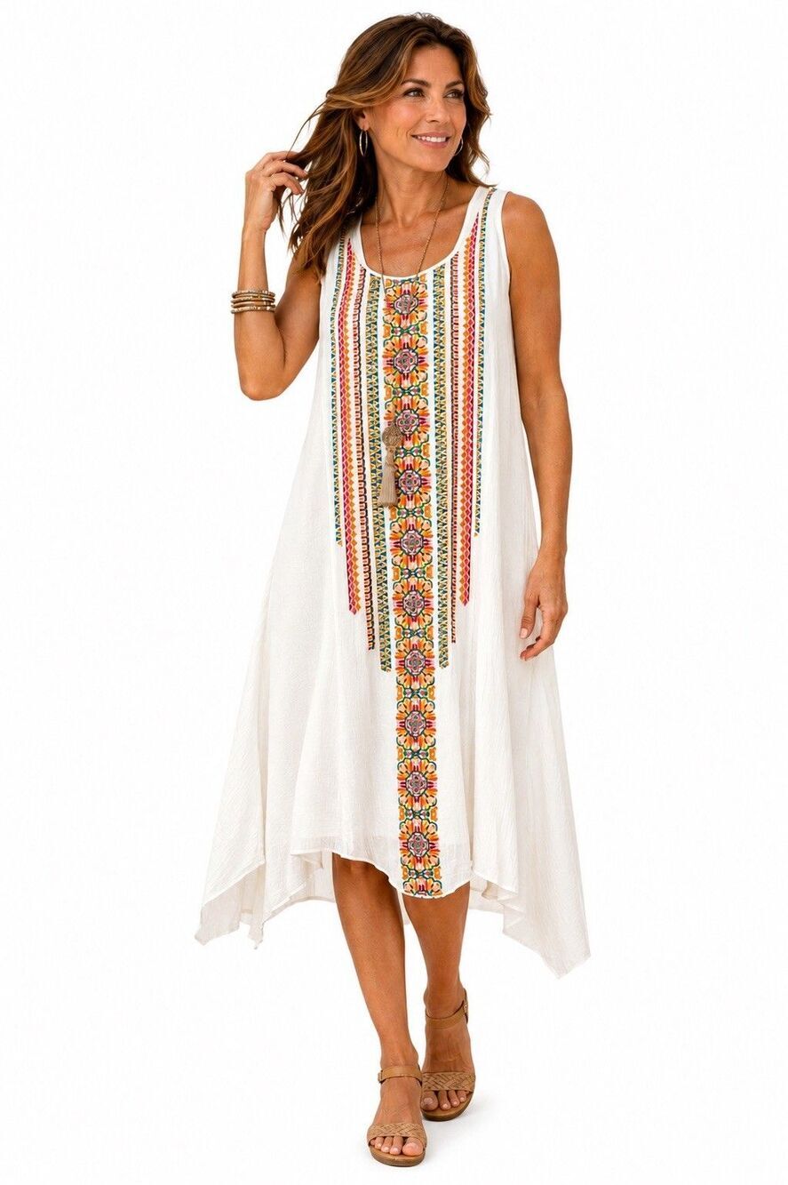 Chico’s OOP Petite White Embroidered Dress Boho Sleeveless Midi Oversized XS